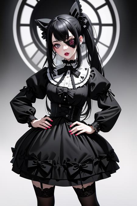 01218-2021069817-((Masterpiece, best quality)), edgQuality,bimbo,glossy,(hands on hip)_GothGal, a woman in a black and white dress,ribbon,lace,go.png